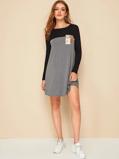 Vestido Estilo Camiseta De Color Combinado Con Bolsillo Con Lentejuelas En Contraste