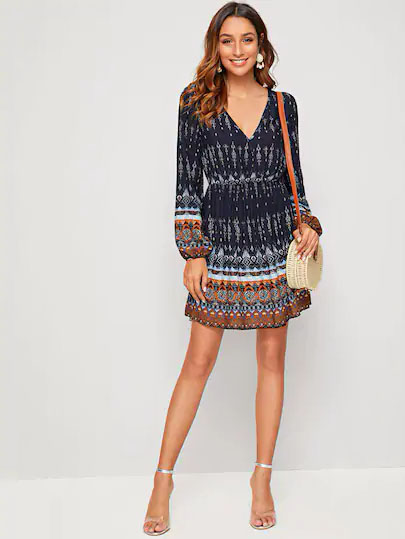 Vestido Con Estampado Tribal De Manga Farol De Cuello Profundo