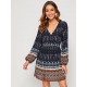 Vestido Con Estampado Tribal De Manga Farol De Cuello Profundo
