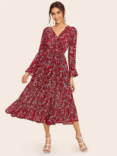 Vestido Volante Rígido Ditsy Floral Burdeos Casual