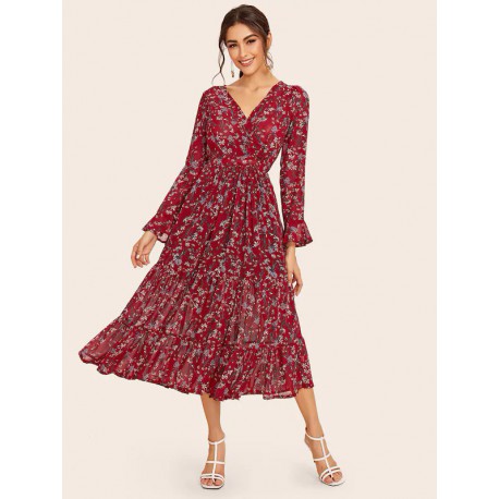 Vestido Volante Rígido Ditsy Floral Burdeos Casual