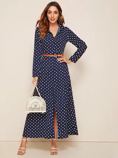 Vestido Estilo Camisa Con Estampado De Lunares Con Cinturón