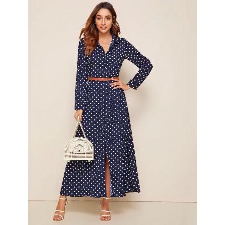 Vestido Estilo Camisa Con Estampado De Lunares Con Cinturón