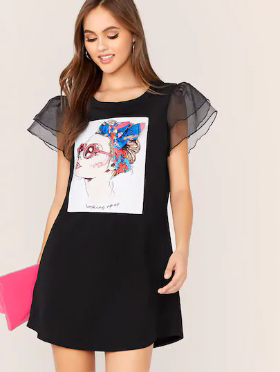 Vestido Con Estampado De Figura De Manga Con Malla A Capas