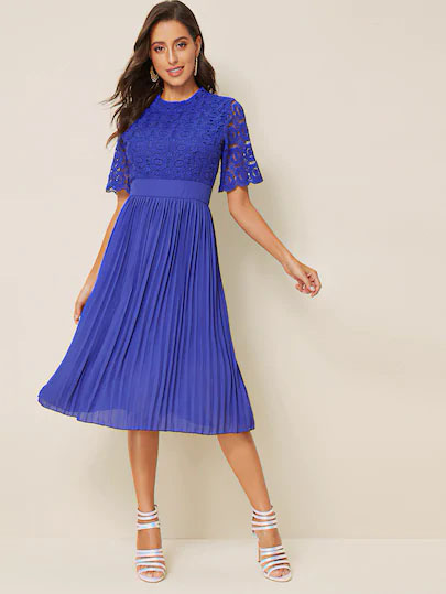 Vestido Fruncido De Puño En Abanico Con Encaje En Contraste