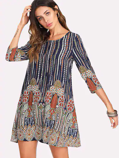 Vestido Túnica Con Estampado Tribal De Manga 3/4