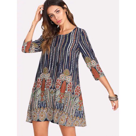 Vestido Túnica Con Estampado Tribal De Manga 3/4