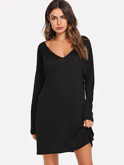 Vestido Liso De Manga Larga Y Escote De Pico