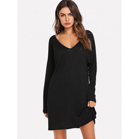 Vestido Liso De Manga Larga Y Escote De Pico